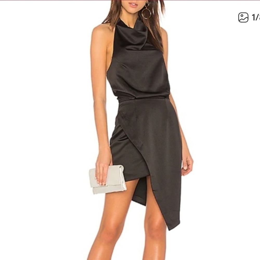 Elliatt Black Satin Asymmetrical Halter Dress